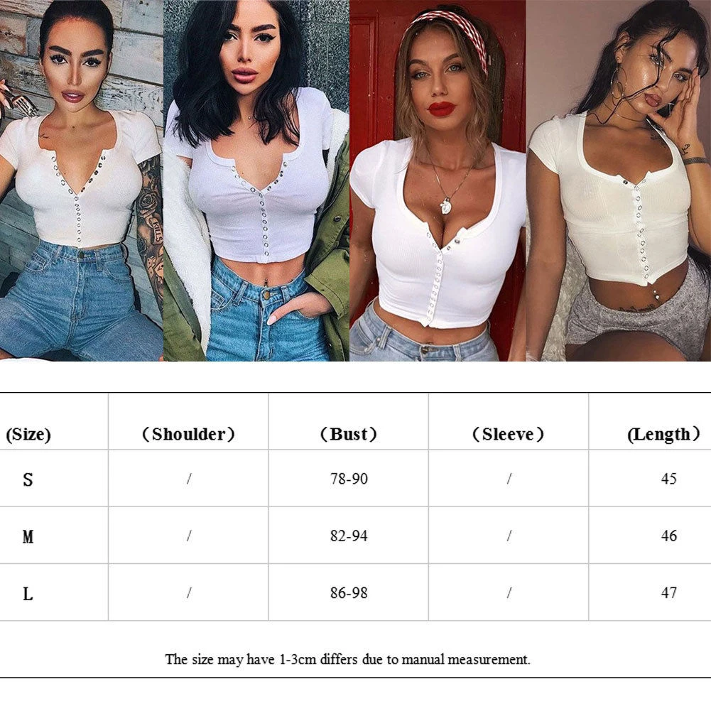 

2021 Fashion Sexy Women Short Sleeve Crop Top Button Vest Halter Casual White Tank Tops Blouse Short Shirt