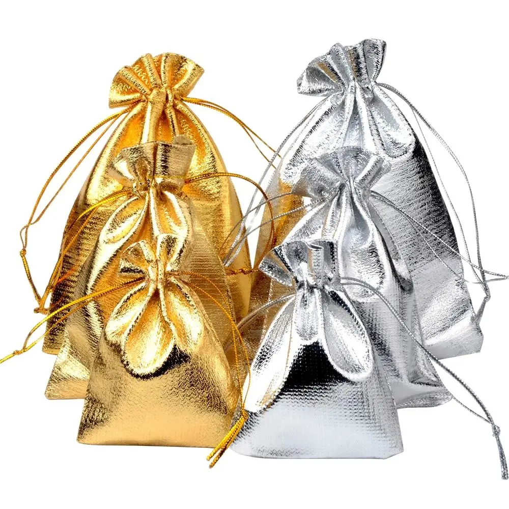 

50pcs/lot 7x9 9x12 10x15cm Adjustable Jewelry Packing Fabric Bag Silver/Gold Colors Drawstring Wedding Storage Pouches