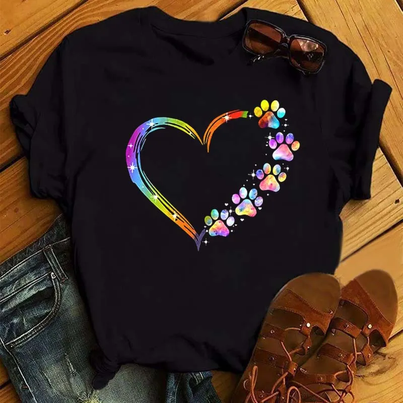 

Love Dog Paw T Shirt Women Short Sleeve O Neck Loose Black Tshirt woman Summer Causal 90s streetwear female Tee Shirt Tops