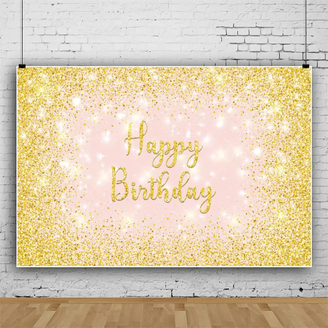 

Gold Glitter Happy Birthday Party Custom Background For Photo Studio Black Happy Birthday Decoration Supplies Name DIY Backdrops
