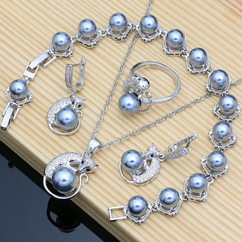 

Silver 925 Jewelry Sets for Women Luxury Gray Pearl Bracelet Earring Ring Necklace for Wedding Fox Animal Party Gift Jewellry