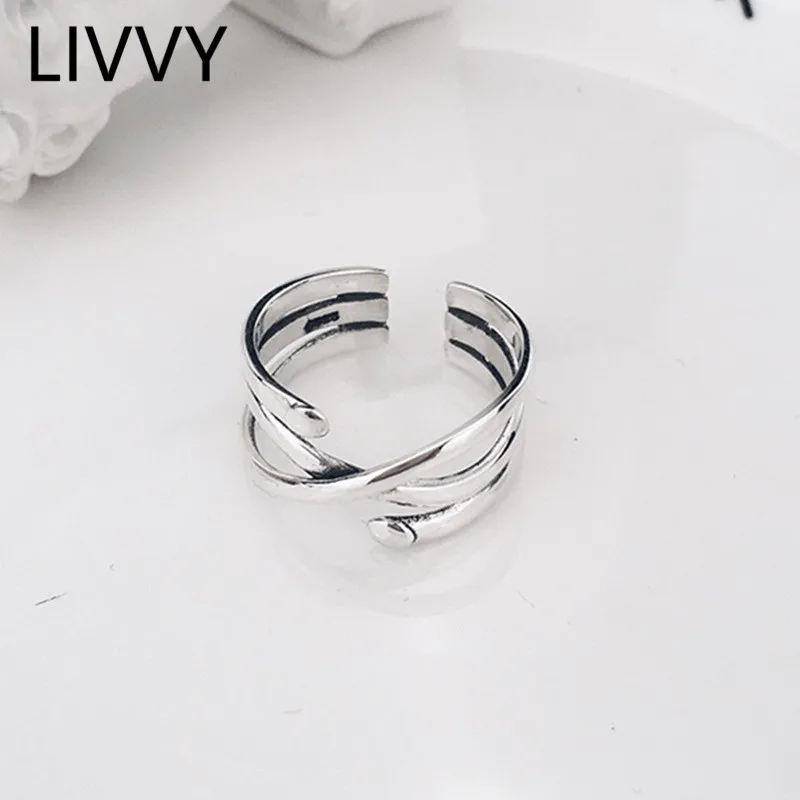 

LIVVY Silver Color Korean Personality Simple Geometric Ring Adjustable Multi-Layer Irregular Smooth Jewelry Accessorie