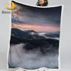 BlessLiving Mountains Bed Blanket Landscape Furry Blanket Pastel Pink Blue Sky Custom Blanket Misty Nature Plush Bedspreads 1