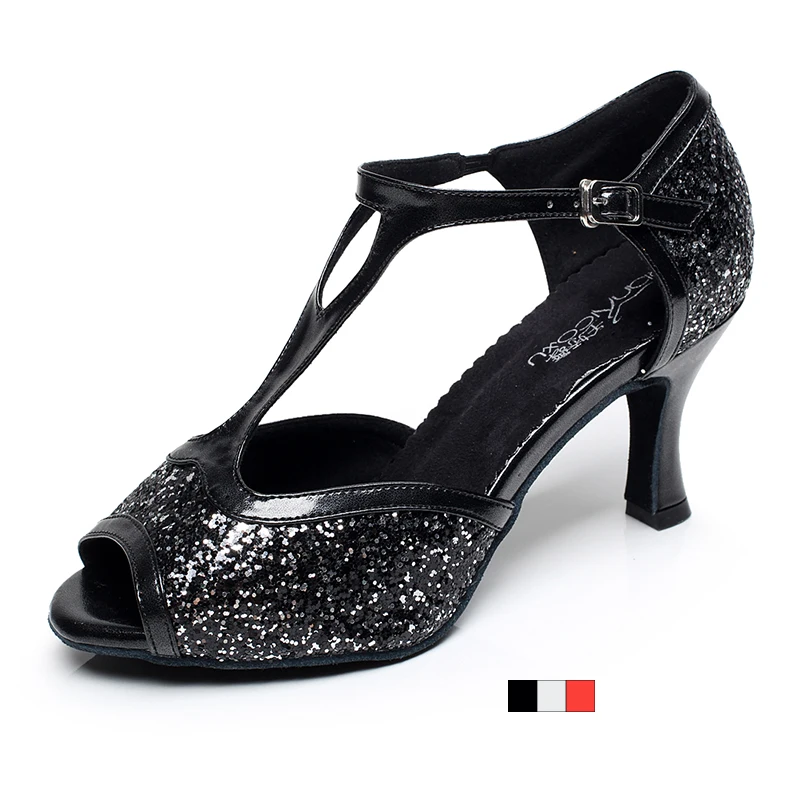 

Woman Glitter Ballroom Latin Dance Shoes Black Red For Woamn T-strap Salsa Dancing Shoes For Party Girls Latino Shoes For Women