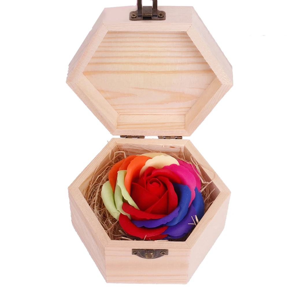 Разноцветное Радужное мыло цветок розы с деревянной шестиугольной формой