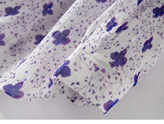

Women's Violet Floral Print Shirt Pleated Long Sleeve Stand Collar French Romantic Style Female Top Cotton And Silk Blouse