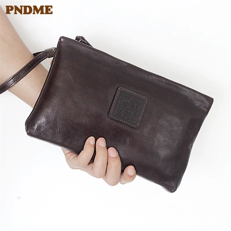 

PNDME простой винтажный клатч из натуральной кожи для мужчин и женщин, кошелек, повседневный уличный женский кошелек ручной работы из мягкой в...