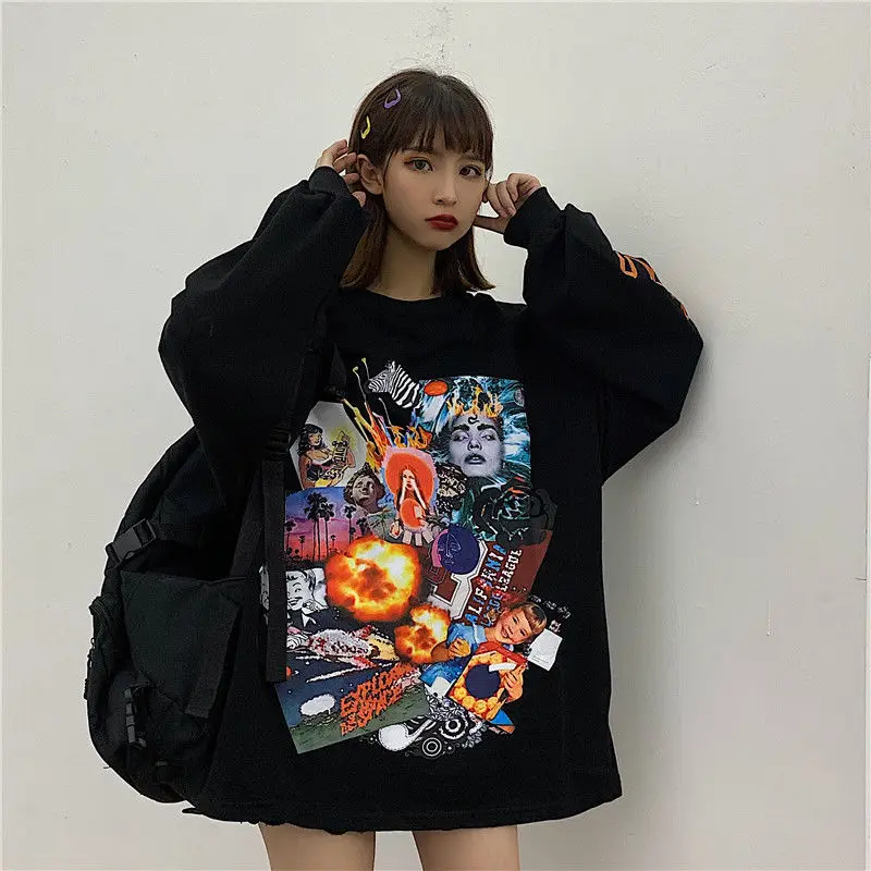 

Punk Hip Hop Sweatshirt Women Autumn Fashion Korean Style Loose Hoodies Women Streetwear Harajuku Print Long Sleeve Tops