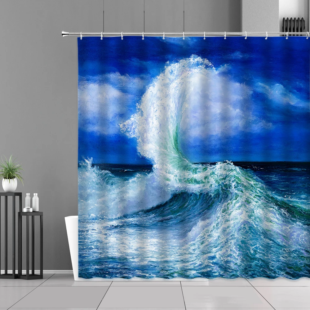 

Sea Wave Scenery Oil Painting Shower Curtain Ocean Beach Ship Landscape Waterproof Bath Curtains Bathroom Bathtub Decor Screen