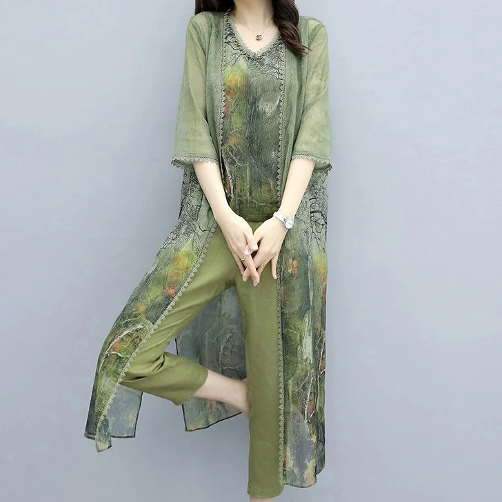 Летний зеленый шифоновый комплект из 3 предметов с принтом женский жилет +