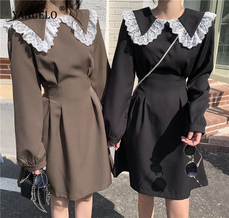 

Harajuku Autumn Spring 2021 New Doll Collar Patchwork Girl's Princess Dress Lace Long Sleeve Dresses for Women Preppy Style