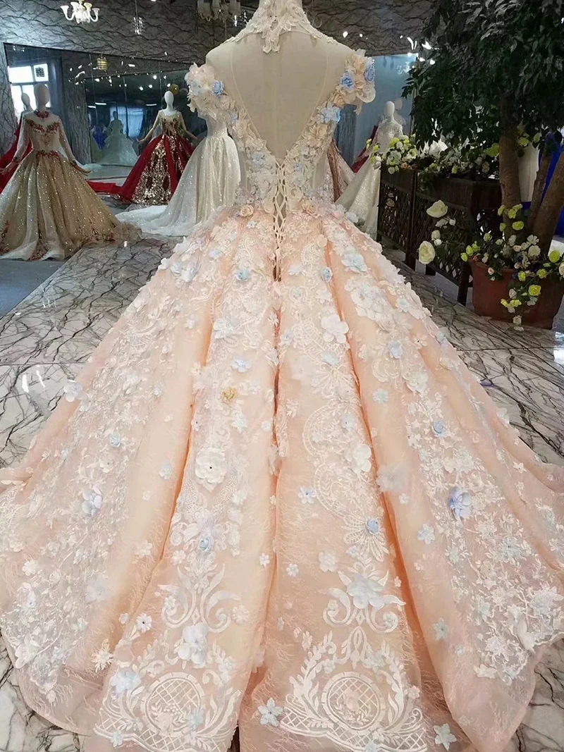 BGW 22913ht Girl Ball Gown Evening Dresses Floor Length Color Flowers High Neck Cap Sleeve Lace Up Back Prom Dresses Curve Shape