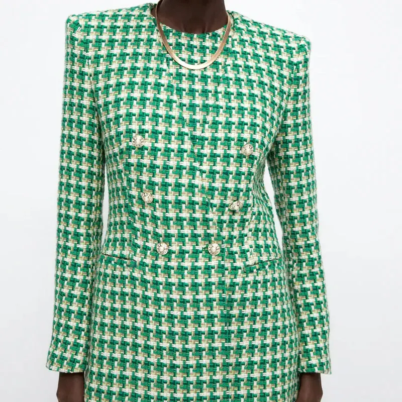 

Женский двубортный Блейзер Za, винтажный пиджак из твида в клетку, Повседневная Верхняя одежда с длинным рукавом, 2021