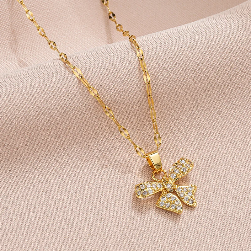 

New Style Bowknot Titanium Steel Necklace for Women Color-fast Zircon Plated Copper Pendant Clavicle Chain Fashion Jewelry