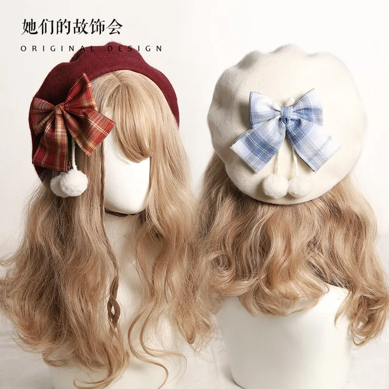 

Autumn Winter Lolita Sweet Girl Beret Bowknot Hairball Painter Hat Kawaii All-match Japanese Cute Pumpkin Cap Lattice JK Decor