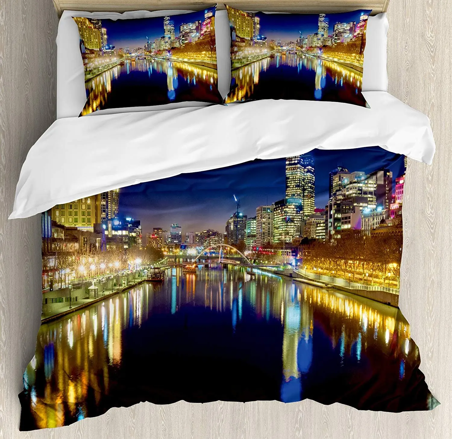 

City Bedding Set Looking Down the Yarra River on a Beautiful Night in Melbourne Water Reflection Duvet Cover Pillowcase for Home