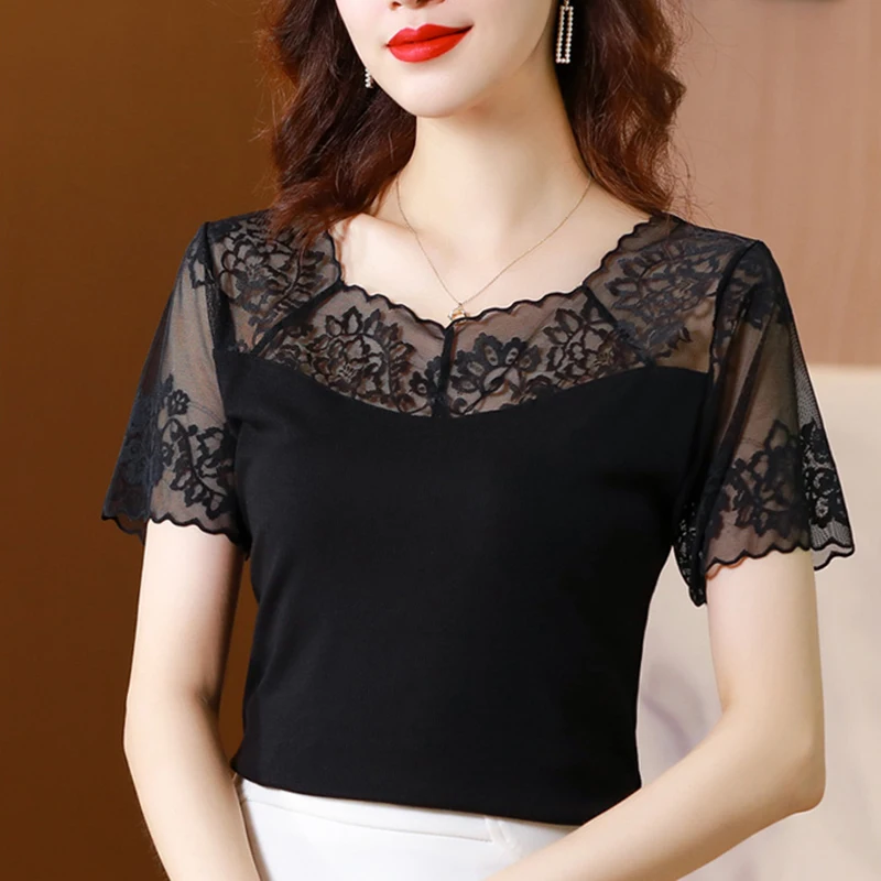 

Short-sleeved t-shirt women 2021 new summer modal lace one