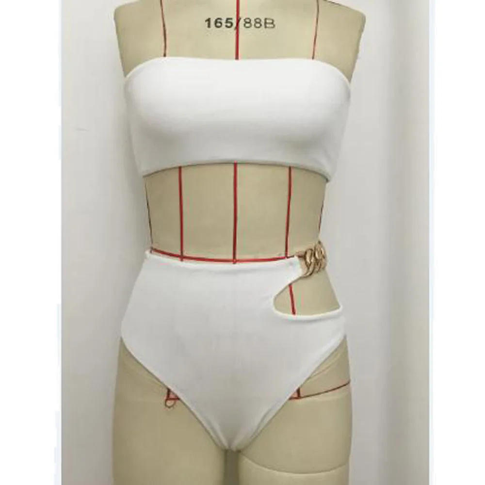 

Solid Black Bikini 2021 High Waist Swimwear Female Chain Swimsuit Women Bandeau Two Pieces Set Sports Bathing Suit Ribbed New