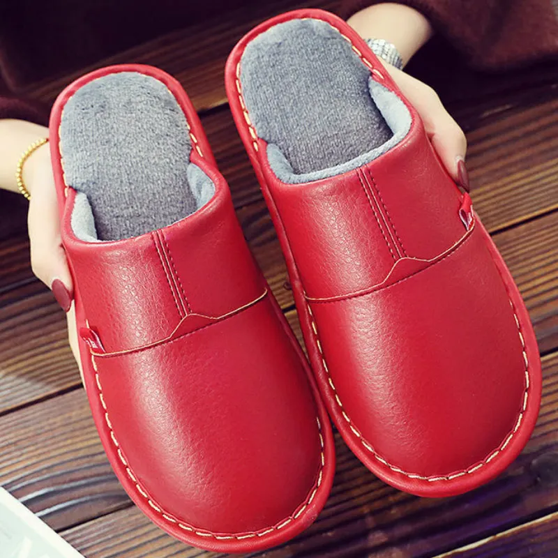 

Indoor slippers men leather winter shoes short plush big size 35-46 flat room slippers man's winter home shoes 2020