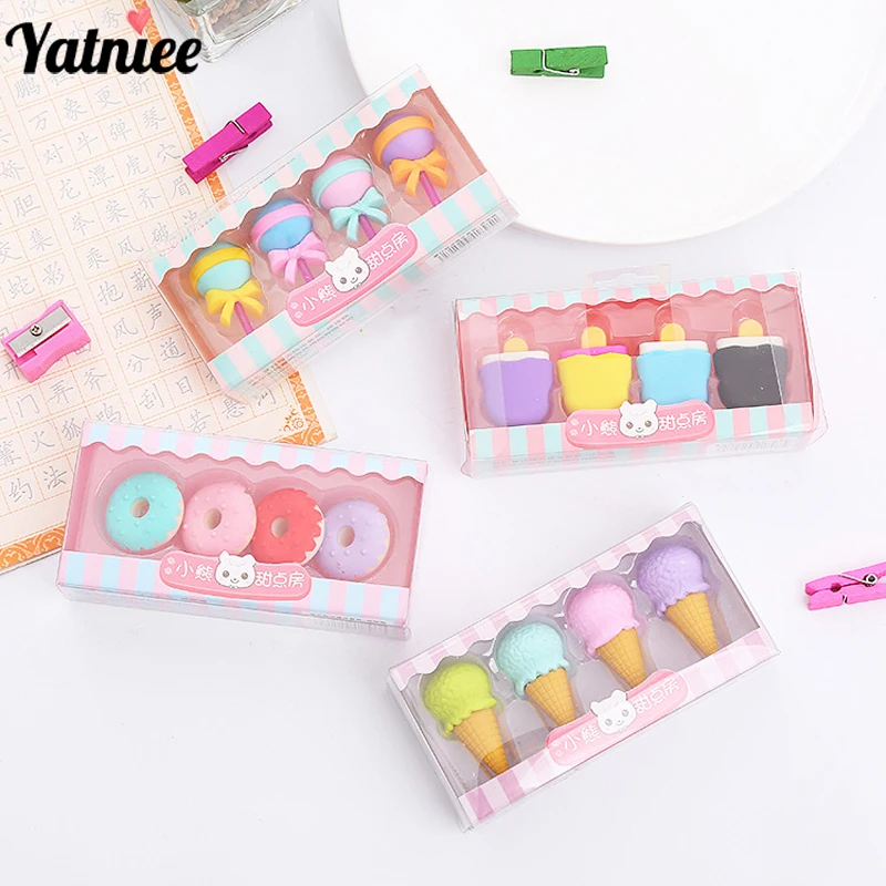 

Yatniee 4pcs/Set Boxed Dessert Eraser Cartoon Gift Box Eraser Student Gift Stationery Kawaii School Supplies