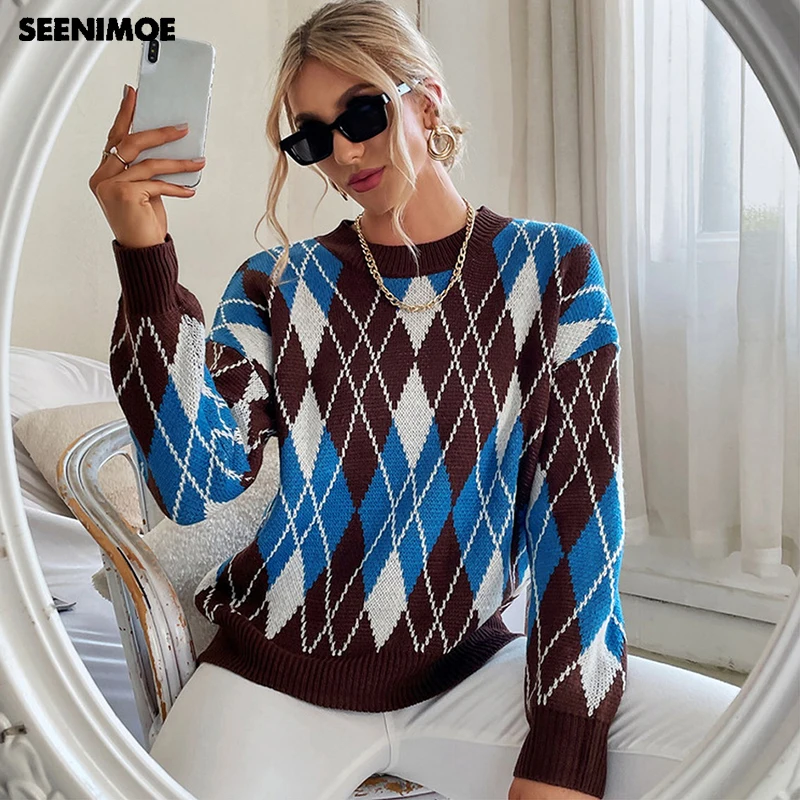 

SEENIMOE Women Retro Color Matching Diamond Plaid Sweater O-neck Pullovers Primer Shirt Long Sleeve Femme Loose Knitwear