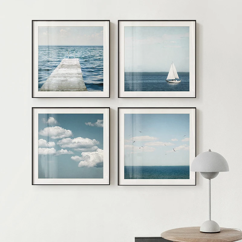 

Nordic Blue Sky Sea Lighthouse Clouds Canvas Painting Posters Print HD Modern Seascape Wall Art Pictures For Living Room Bedroom