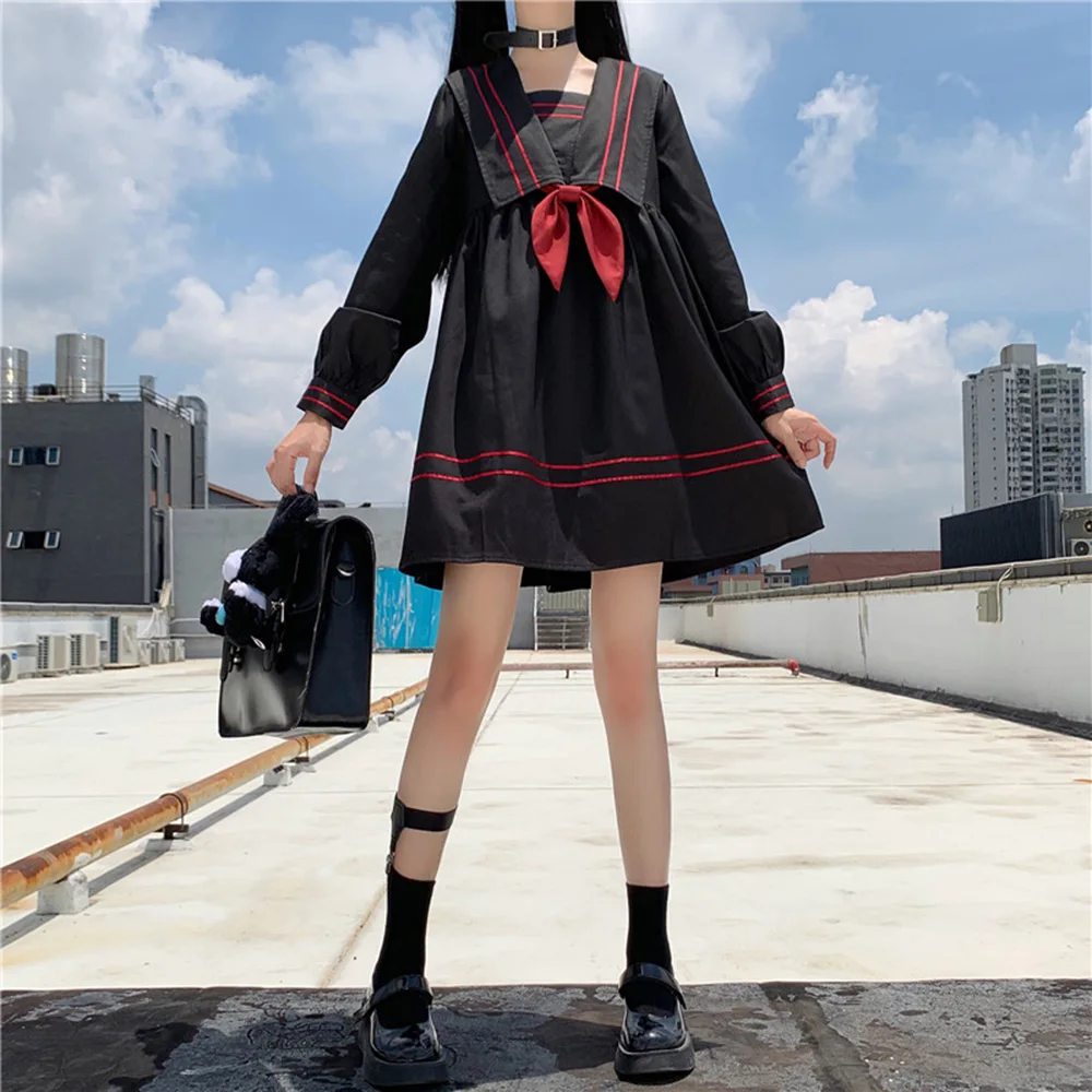 

Uniform Dress College Style Dark Black Retro Navy Collar Long Sleeve Student Dresses Children 2020 Early Autumn Trendy Japan