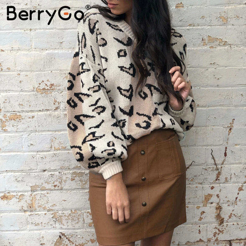 BerryGo Leopard print knitted sweater women Autumn winter female casual pullover V neck lantern sleeve streetwear ladies jumpers | Женская