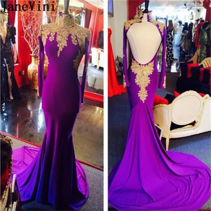 JaneVini шикарные фиолетовые Вечерние платья с высокой горловиной и длинными