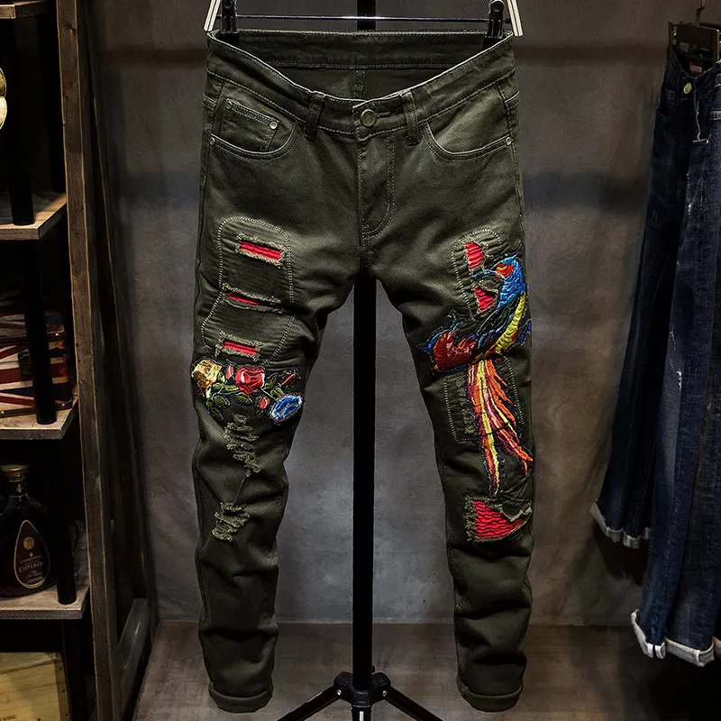 Erkek джинсы Pantolon Wind Phoenix с вышивкой мужские черные тонкие маленькие прямые