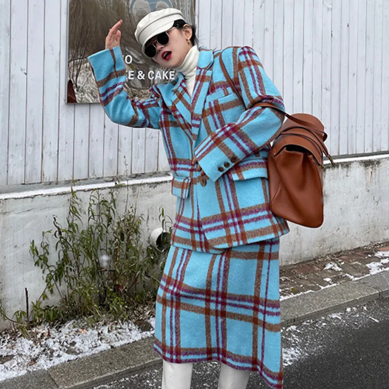 Long-sleeved Minimalist Woolen Top Overcoat+Mid-calf Skirt 2020 Winter Female Fashion Casual Blue Plaid 2 Piece Set