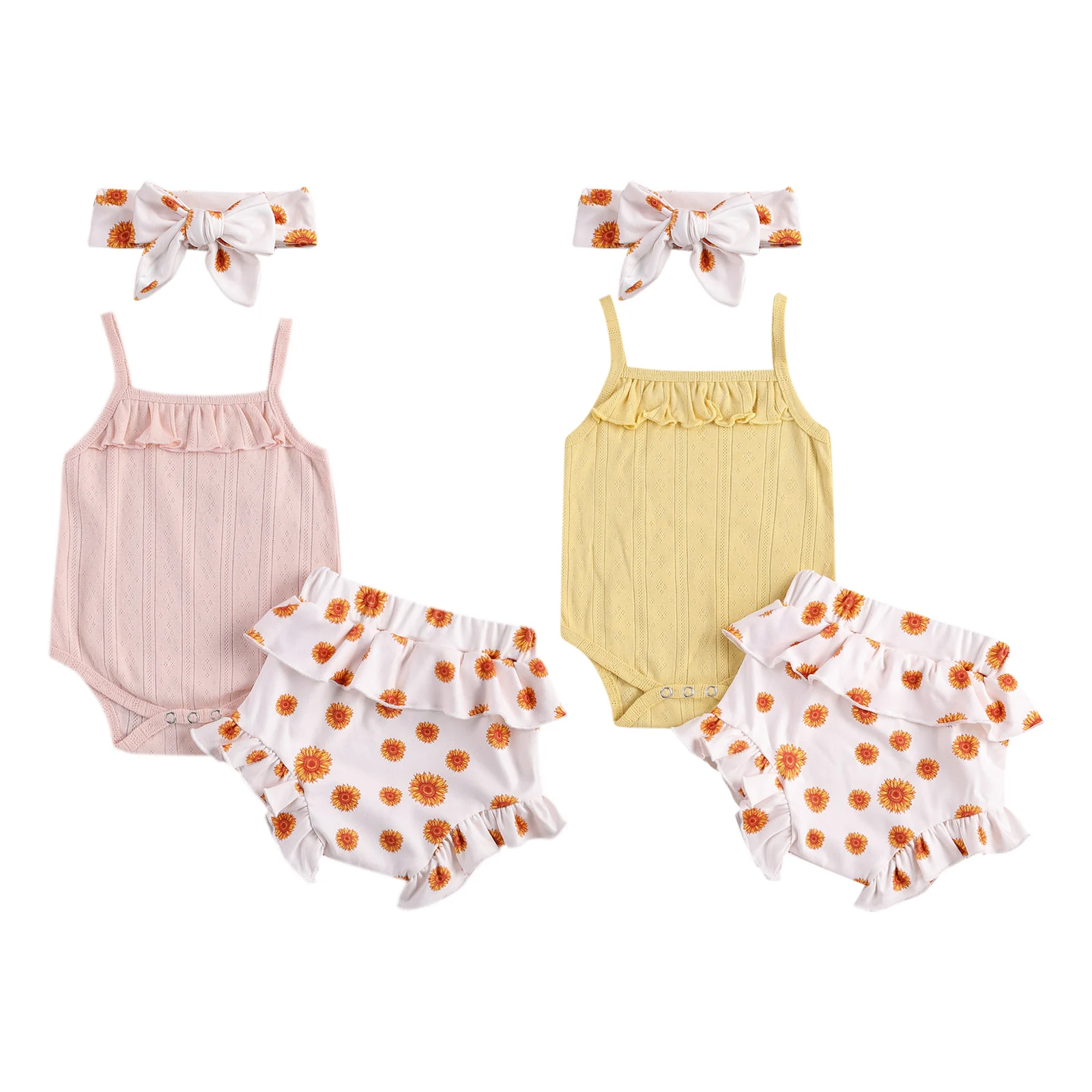 

Baby Girl\u2019s Clothes Fresh Solid Color Suspender Jumpsuit and Sunflower Short Pants with Headband