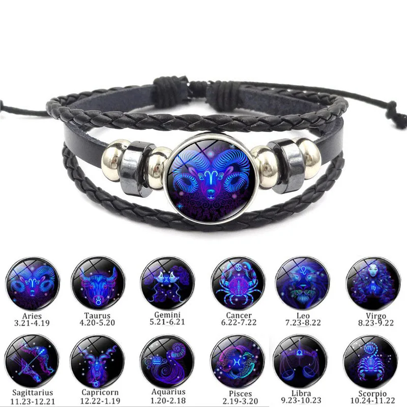 

12 Constellation Zodiac Sign Leather Bracelet Black Braided Woven Glass Dome Couple Bracelets Women Punk Jewelry for Men Gift