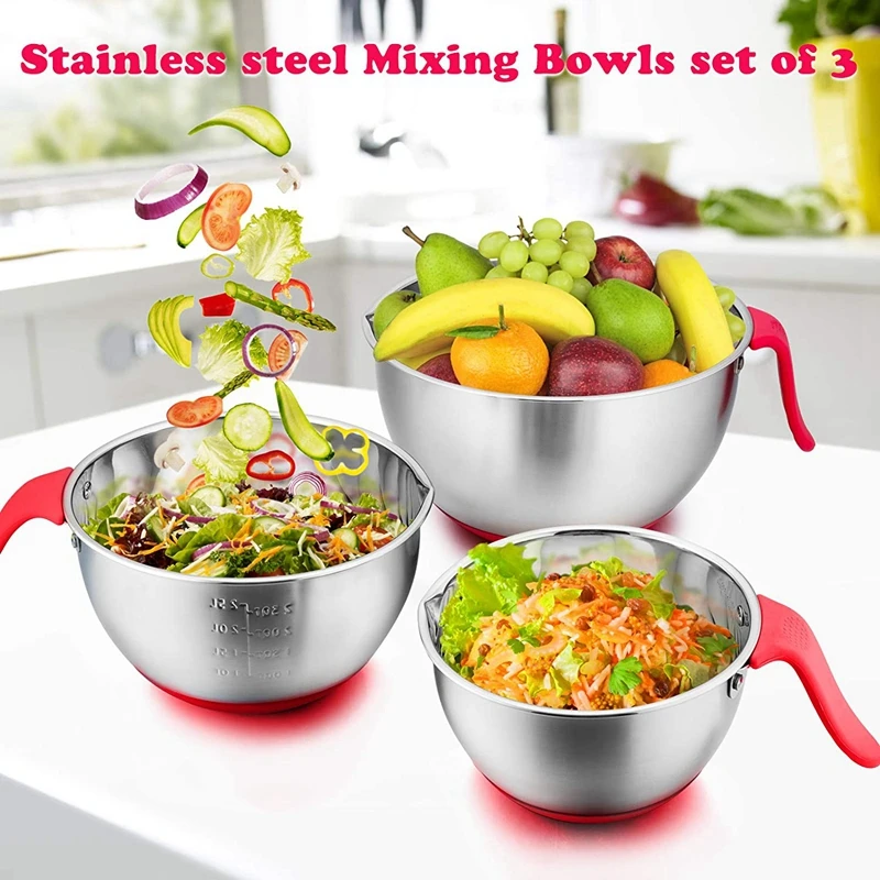

Mixing Bowls with Lids Stainless Steel Mixing Bowls Salad Metal Bowl with Lids 3 Graters Pour Spout Long Handle