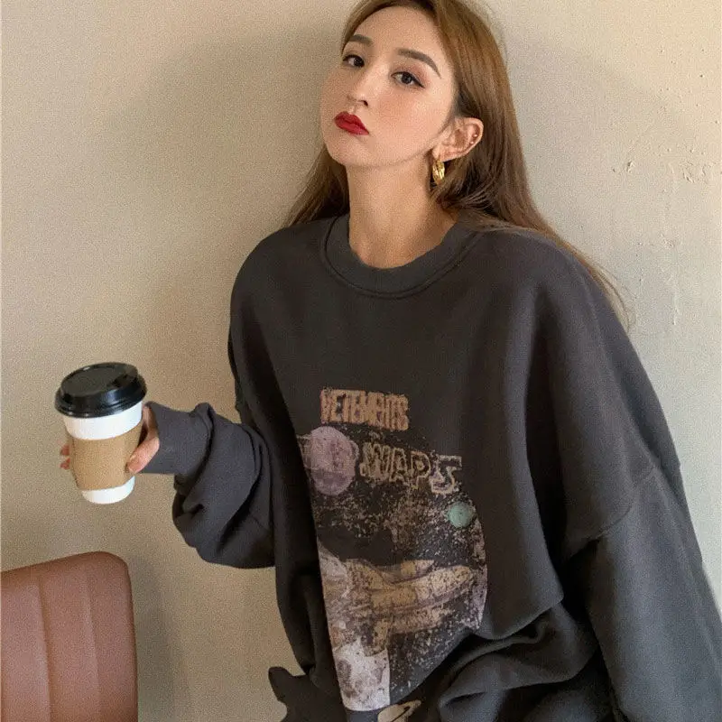 

Hong Kong wind gray and velvet thickening women's autumn and winter new Korean loose coat long pullover jacket tide