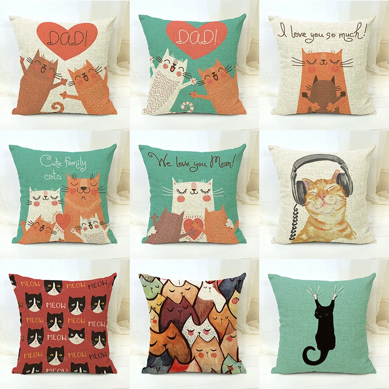 Наволочка из хлопка и льна с милым рисунком кота мультфильма декоративная