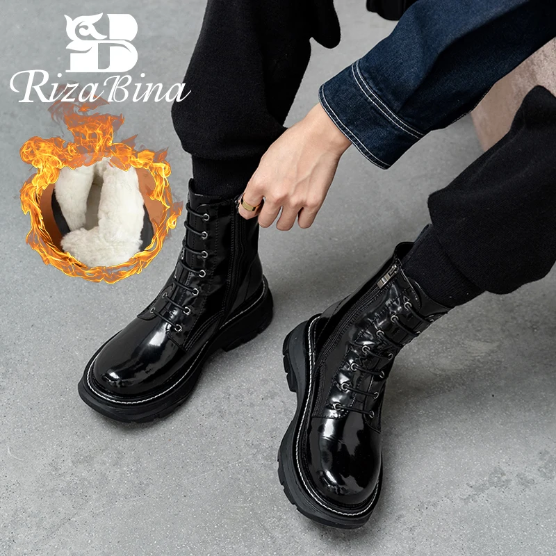 

RIZABINA Size 34-42 Women Ankle Boots Fashion Snow Boots Winter Warm Shoes Women Casual Flat Heel Daily Zipper Footwear
