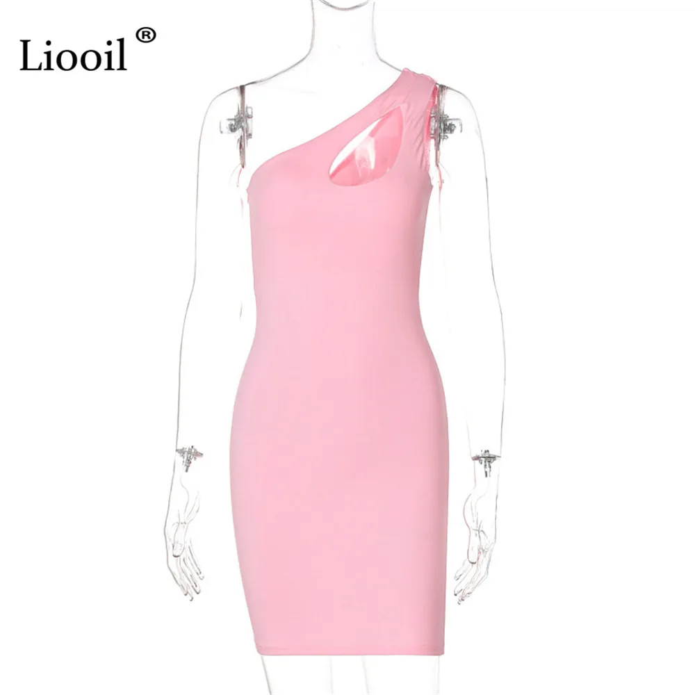 

Liooil Asymmetrical Bodycon Mini Dress Women Summer Streetwear Inclined Shoulder Sleeveless Hollow Out White Party Sexy Dresses