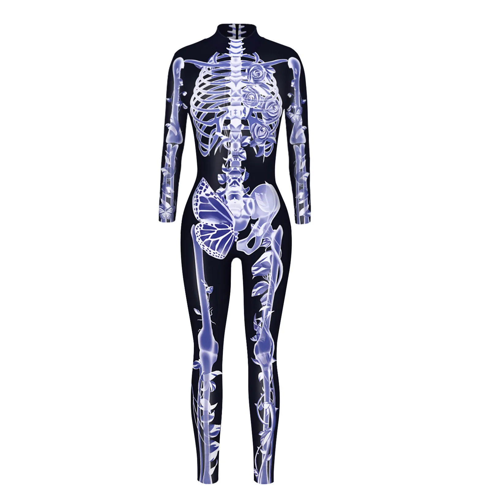 

Women Skeleton Print Long Sleeve Bodysuit Halloween Role Play Costume Mock Neck Skinny Jumpsuit Catsuit Cosplay Costumes