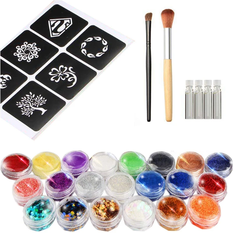 

Glitter Tattoo Set Temporary Tattoo Kit-21 Glitter Colors,120 Stencils, Body Nail Glitter Art Paint Birthday Party