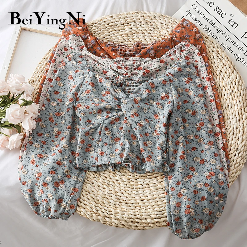 

Beiyingni Spring Autumn Chiffon Blusas Womens Floral Printed Vintage Long Sleeve Sexy Ruched Crop Tops Female Slash Neck Blouses