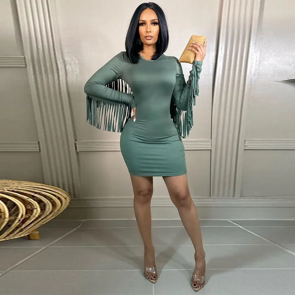 

Pure Color Tassel A-Line Dresses Women's Long Sleeve Slim Short Vestidos Ladies Basic Package Hip Mini Dress Fashion Streetwear