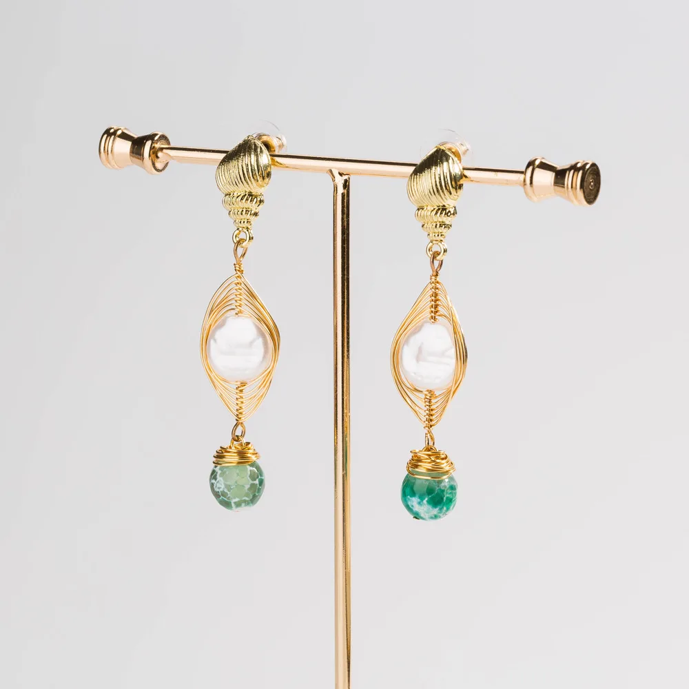 

Korean Retro Popular Simple Earrings For Women Green Natural Cracked Ball Pearl Earrings Jewelry