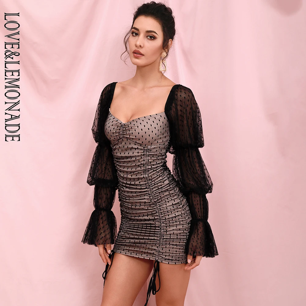 Женское платье в горошек LOVE & LEMONADE черное Сетчатое мини на завязках с длинными