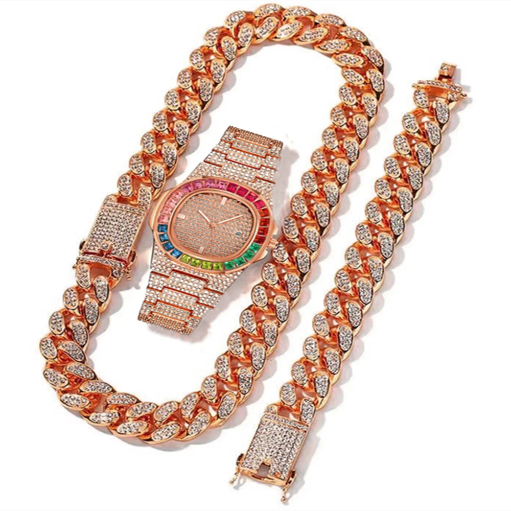 Necklace+Watch+Bracelet Miami Cuban Link Chain Big Gold Iced Out Rhinestone Bling Cubana Mens Hip Hop Jewelry Choker Watches Men | Украшения