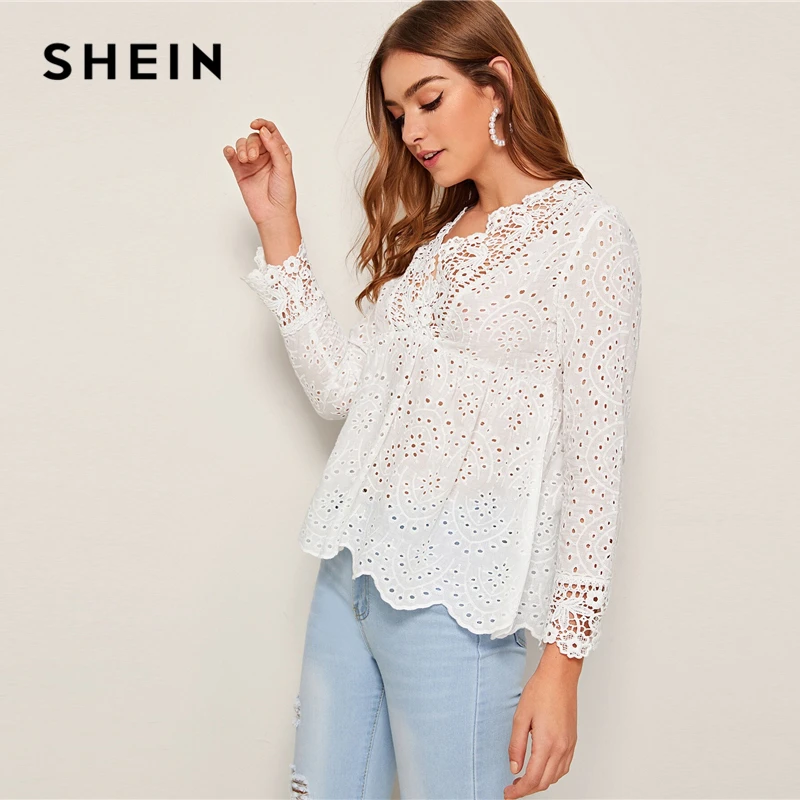 SHEIN белая блузка с v-образным вырезом и вышивкой, с петлей, с баской, женские топы, Осенние праздничные блузки с длинными рукавами и оборками, блузки в богемном стиле