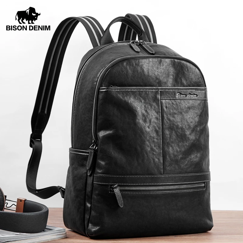 BISON DENIM Genuine Leather Men Backpack Schoolbag Fashion Waterproof Travel Bag 15 inches Laptop Bag book bag for male N2955