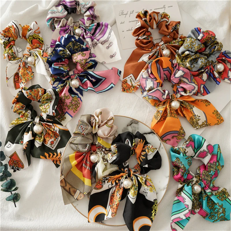 

Резинка для волос Bohe с винтажным принтом женская, эластичная заколка с кроличьим мехом, с жемчугом, в этническом стиле, аксессуар на голову, ...