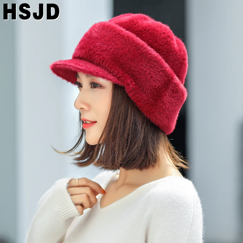 

Balaclava Winter Women's Hats Solid Color Mink Plush Knitted Beanie Hat Winter Visor Caps Warm Skullies Beanies Bonnet Femme