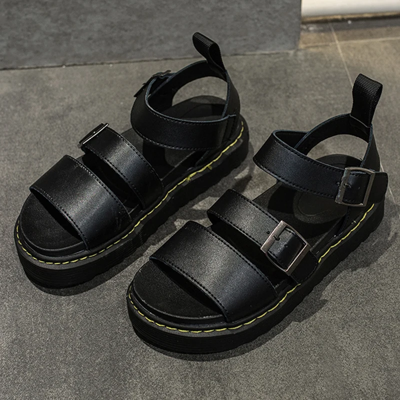 Women Platform Sandals New White Black Flat Heel Solid Color Buckle Gladiator 2021 Outdoor Beach Chunky Woman Shoes | Обувь